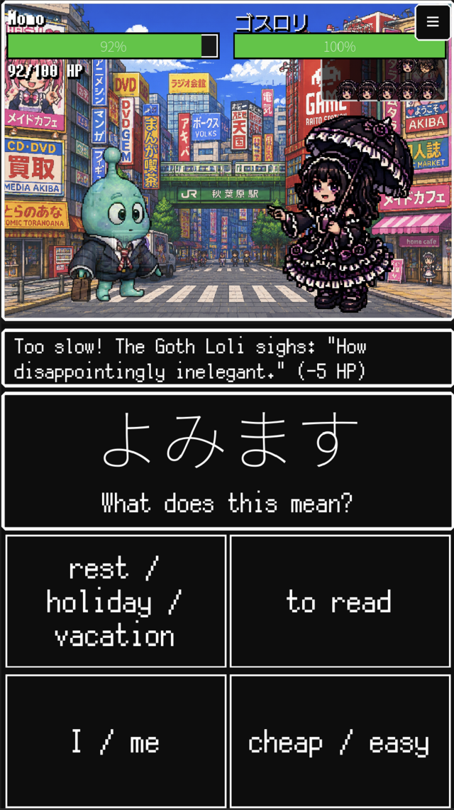 Tokyo Simulator: Salaryman Saga: a vocabulary duel with a goth loli outside Akihabara Station